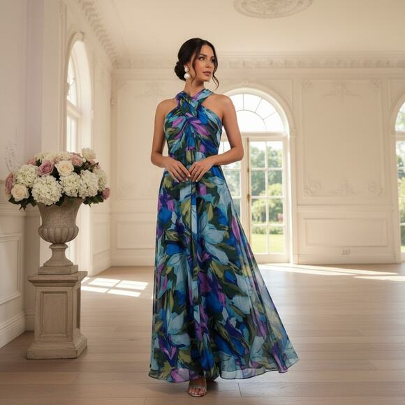 London Times Dresses & Skirts - London Times Women’s Size 10 Floral Halter Maxi Dress Blue/Green Zip Closure NWT